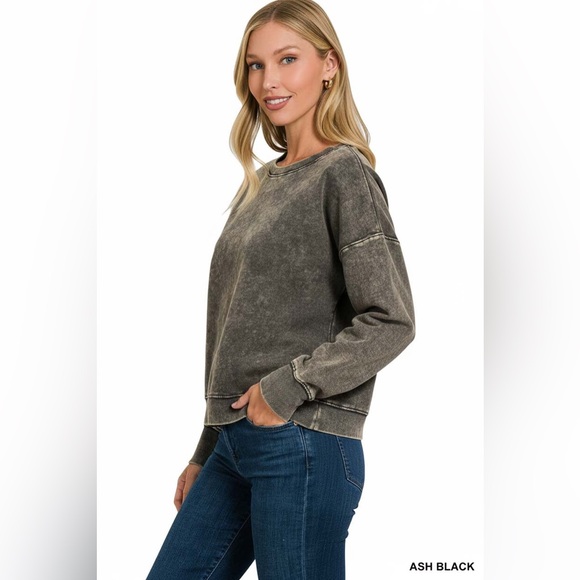 Zenana French Terry Acid Wash Boat Neck Sweatshirt - Picture 2 of 4
